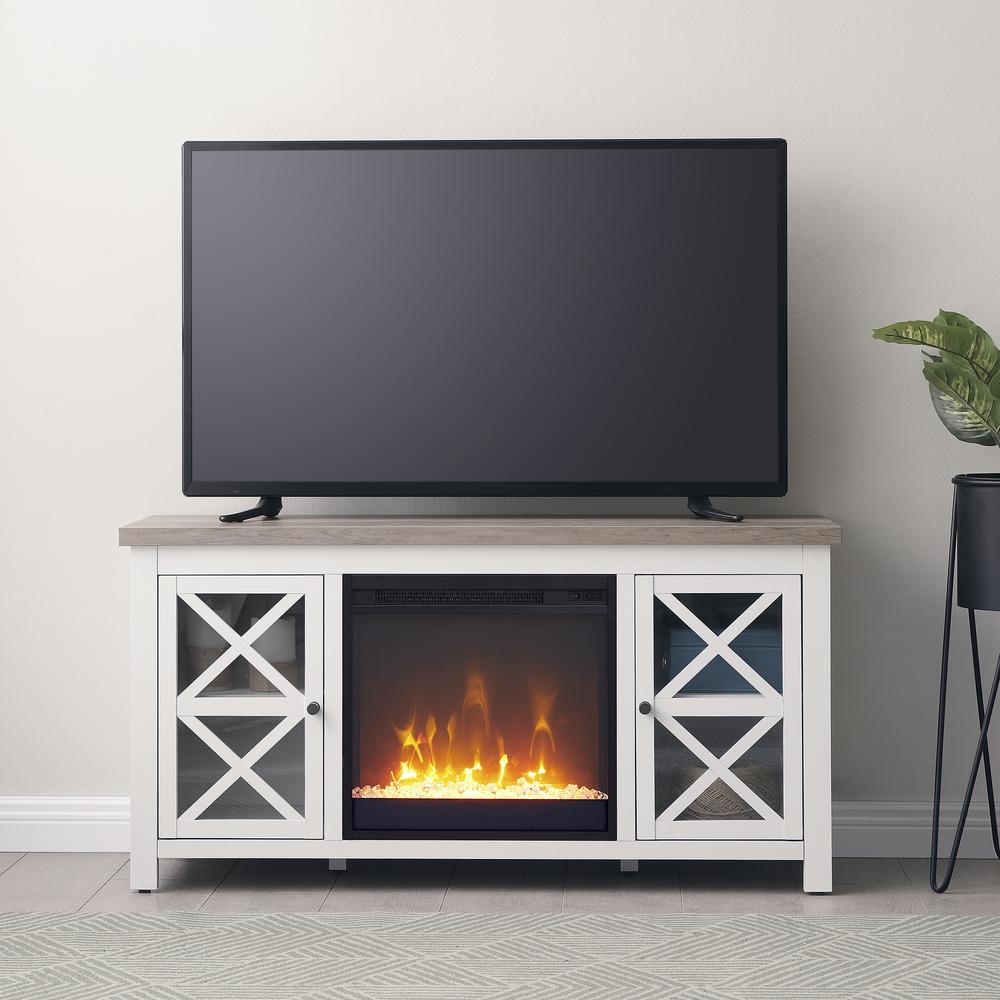 Colton Rectangular TV Stand with Crystal Fireplace for TV's up to 55" in White/Gray Oak. Picture 4