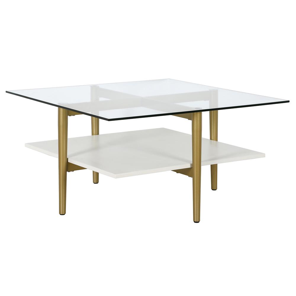 Otto 32" Wide Square Coffee Table with White Lacquer Shelf in Brass. Picture 1