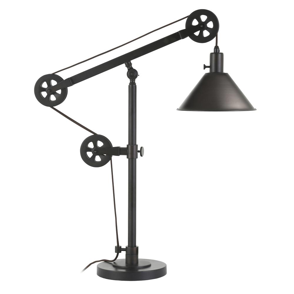 Descartes 29" Tall Pulley System Table Lamp with Metal Shade in Blackened Bronze/Blackened Bronze. Picture 3