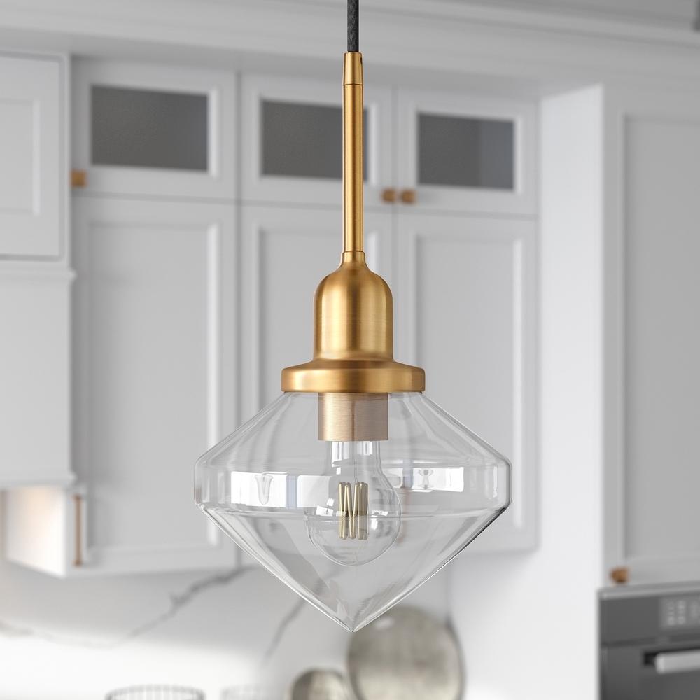 Zariza 8" Wide Pendant with Glass Shade in Brass/Clear. Picture 2