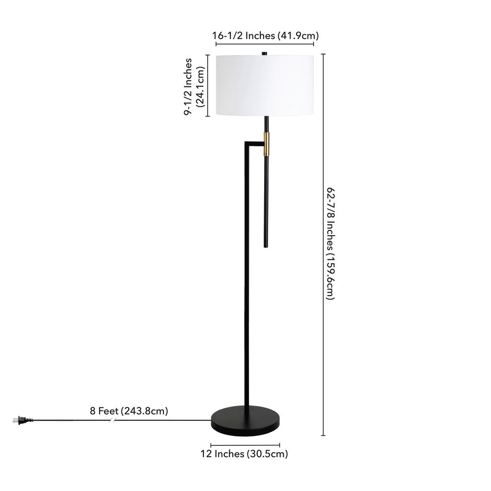 Nico 63" Tall Floor Lamp with Fabric Shade in Matte Black/Brass/White. Picture 5