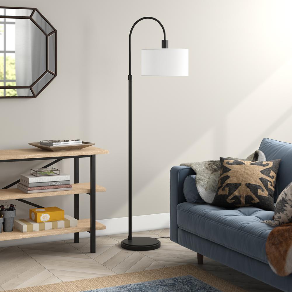 Veronica Arc Floor Lamp with Fabric Shade in Blackened Bronze/White. Picture 3