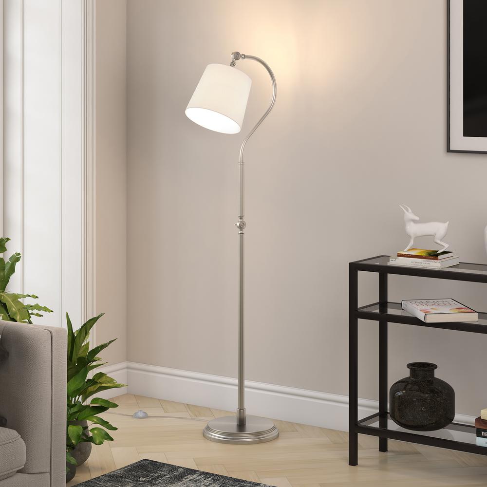 Harland Arc Floor Lamp with Fabric Shade in Brushed Nickel/White. Picture 4