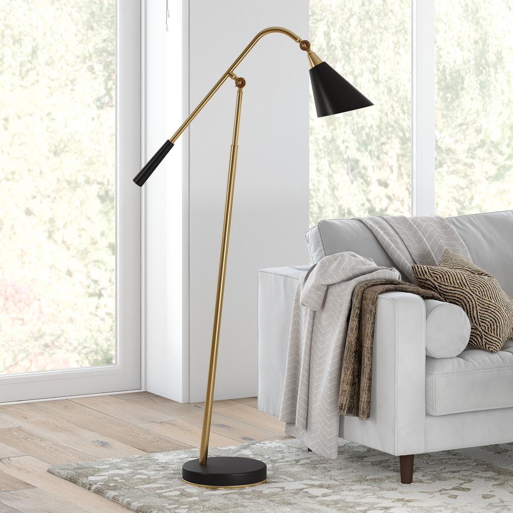 Vidal Two-Tone/Tilting Floor Lamp with Metal Shade in Brass/Matte Black/Matte Black. Picture 2