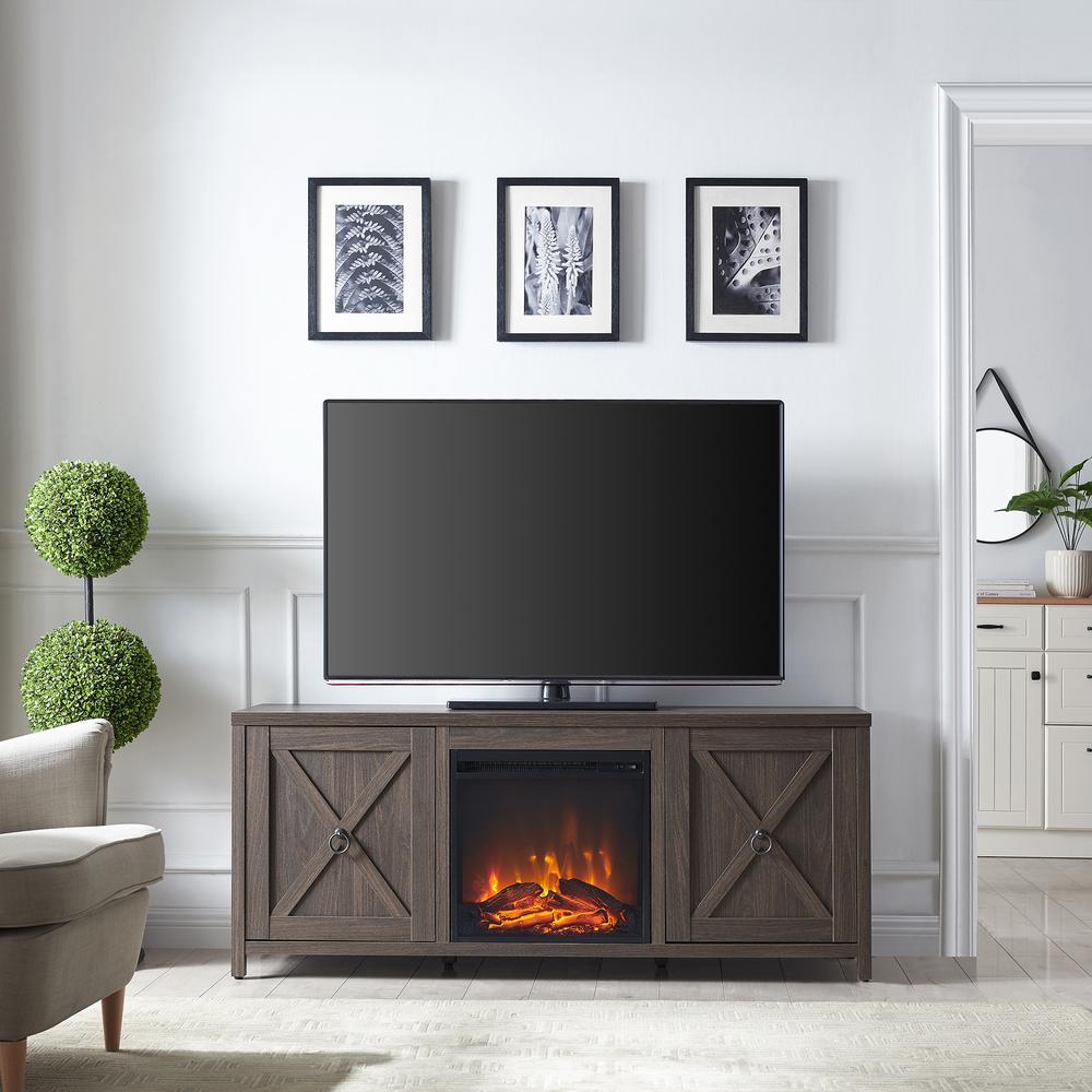 Granger Rectangular TV Stand with Log Fireplace for TV's up to 65" in Alder Brown. Picture 4