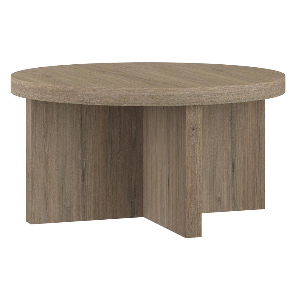 Elna 33" Wide Round Coffee Table in Antiqued Gray Oak. Picture 1