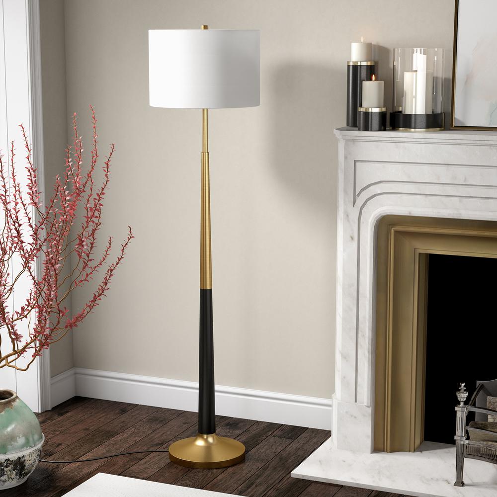 Lyon Two-Tone Floor Lamp with Fabric Shade in Brass/Matte Black/White. Picture 2