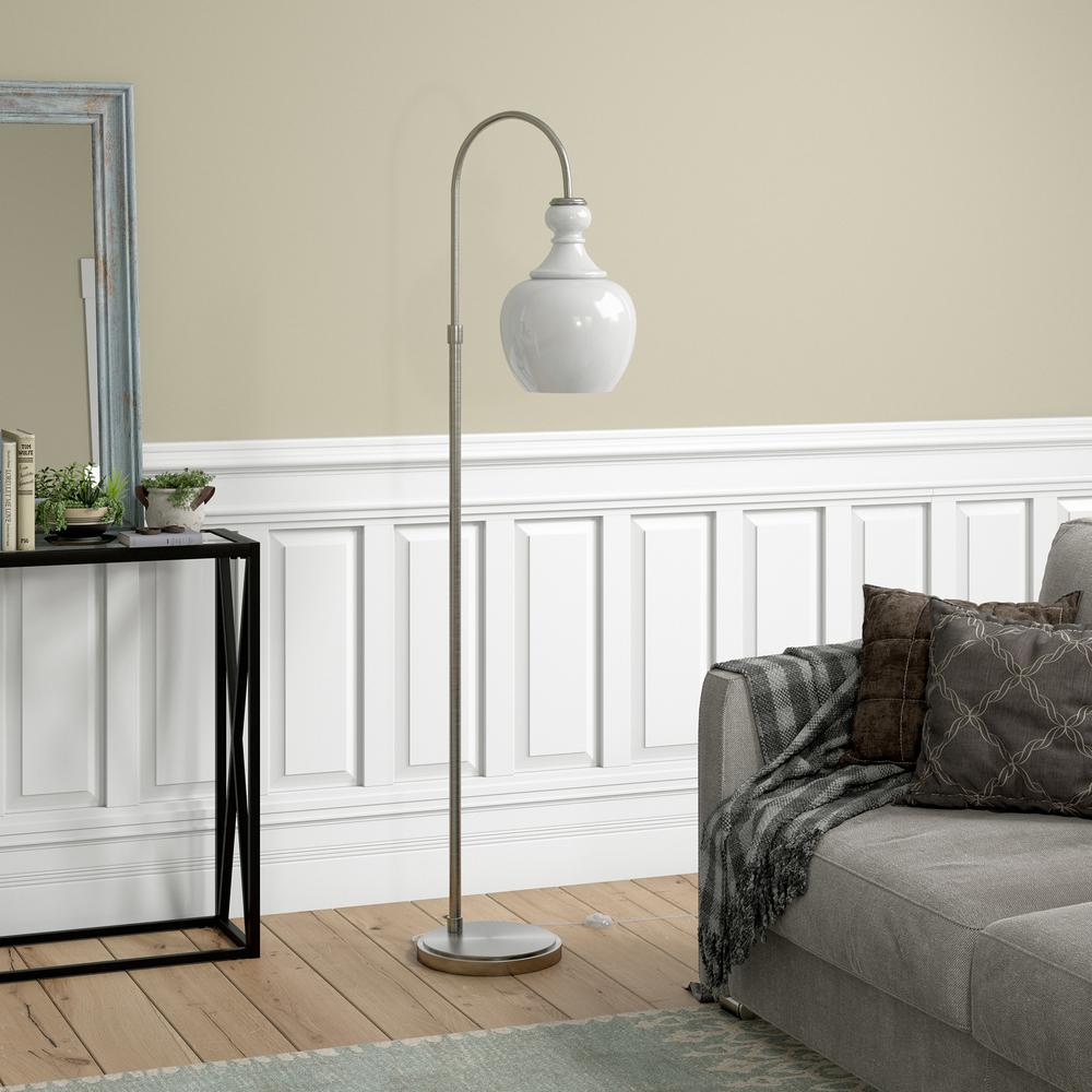 Verona Arc Floor Lamp with Glass Shade in Brushed Nickel/White Milk. Picture 2