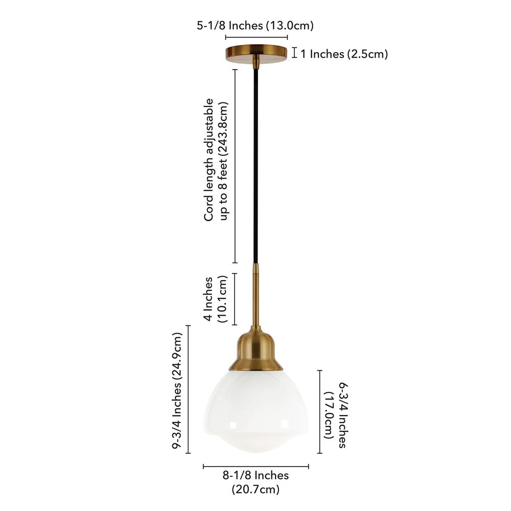 Brooks 8.12" Wide Pendant with Glass Shade in Brass/White Milk. Picture 5