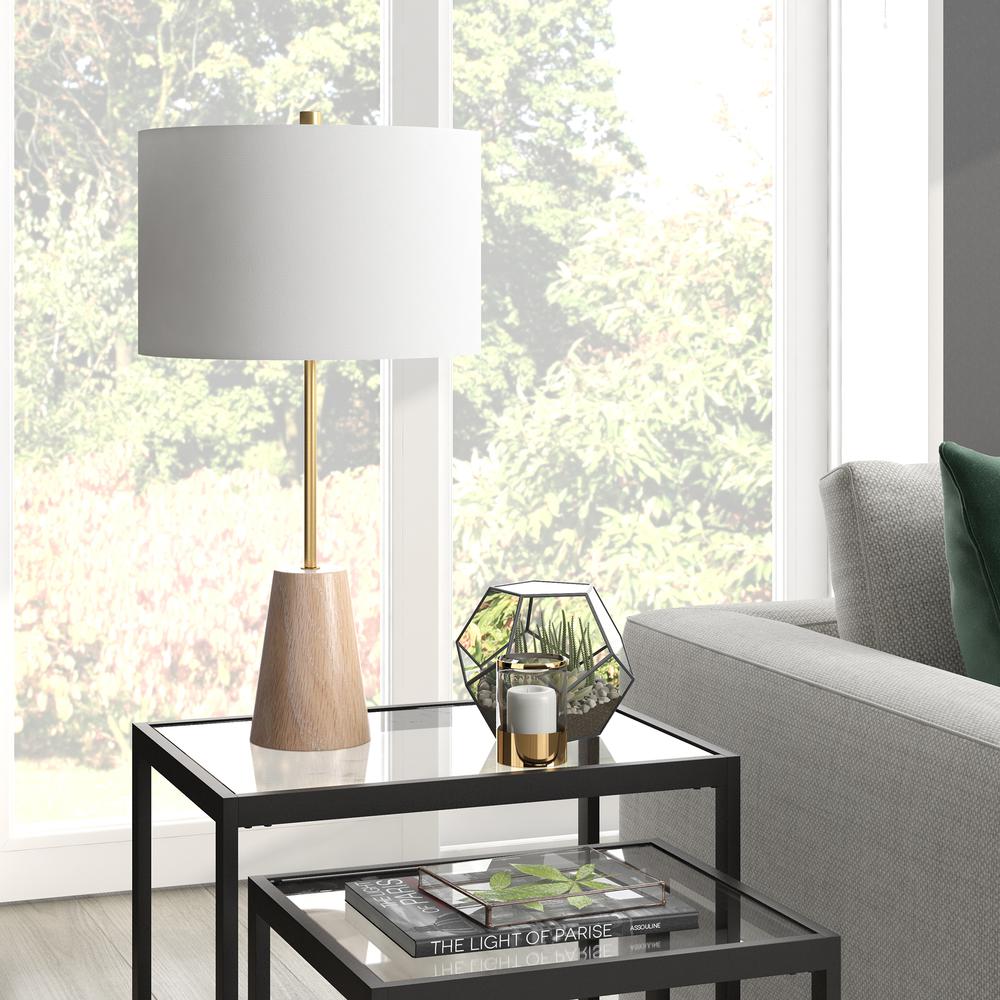 Killian 25.5" Limed Oak Table Lamp with Fabric Shade in Brushed Brass. Picture 2