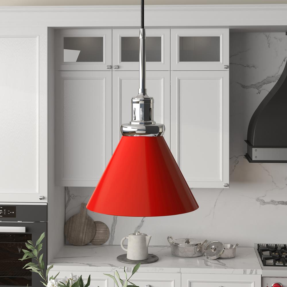 Zeno 8.5" Wide Pendant with Metal Shade in Poppy Red/Polished Nickel/Poppy Red. Picture 2