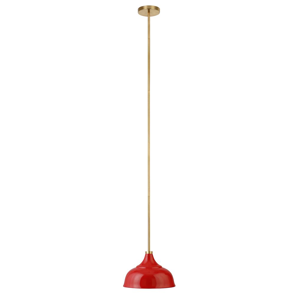 Mackenzie  10.75" Wide Pendant with Metal Shade in Poppy Red/Brass/Poppy Red. Picture 1