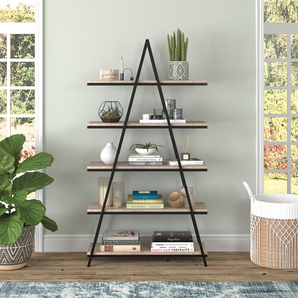 Conry 68'' Tall A-Frame Bookcase in Blackened Bronze/Antiqued Gray Oak. Picture 4
