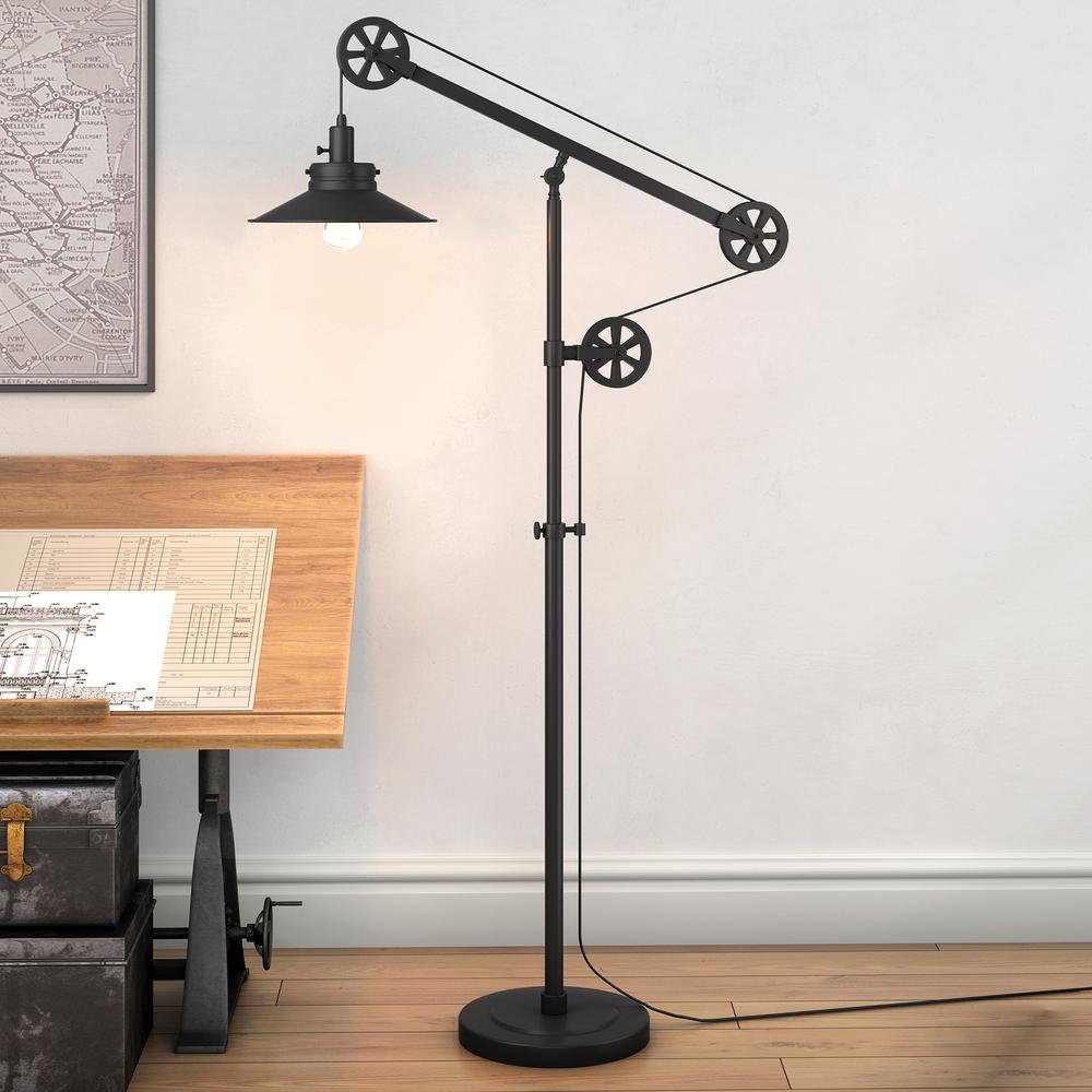 Descartes Wide Brim/Pulley System Floor Lamp with Metal Shade in Blackened Bronze/Blackened Bronze. Picture 3