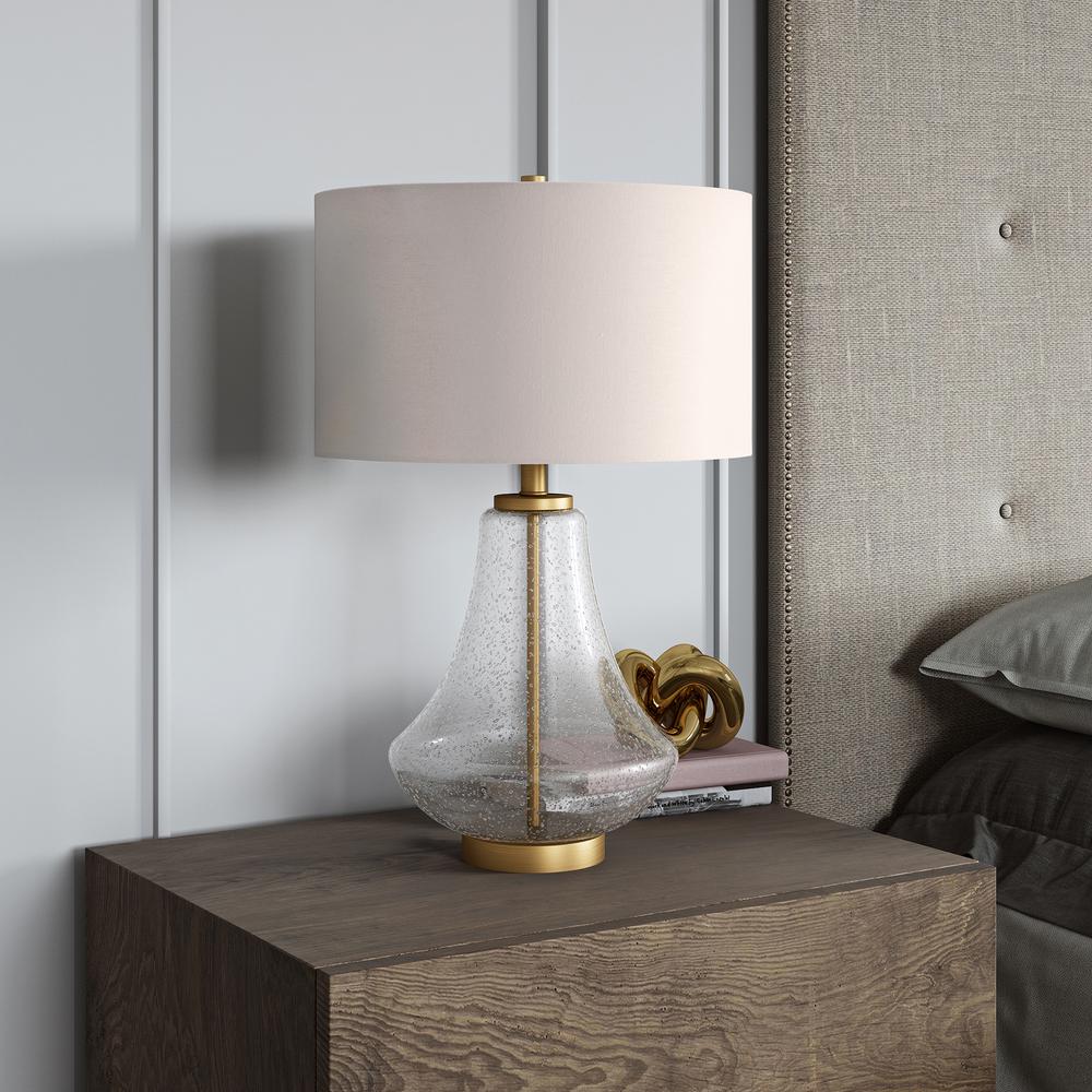 Lagos 23" Tall Table Lamp with Fabric Shade in Seeded Glass/Brushed Brass/White. Picture 2