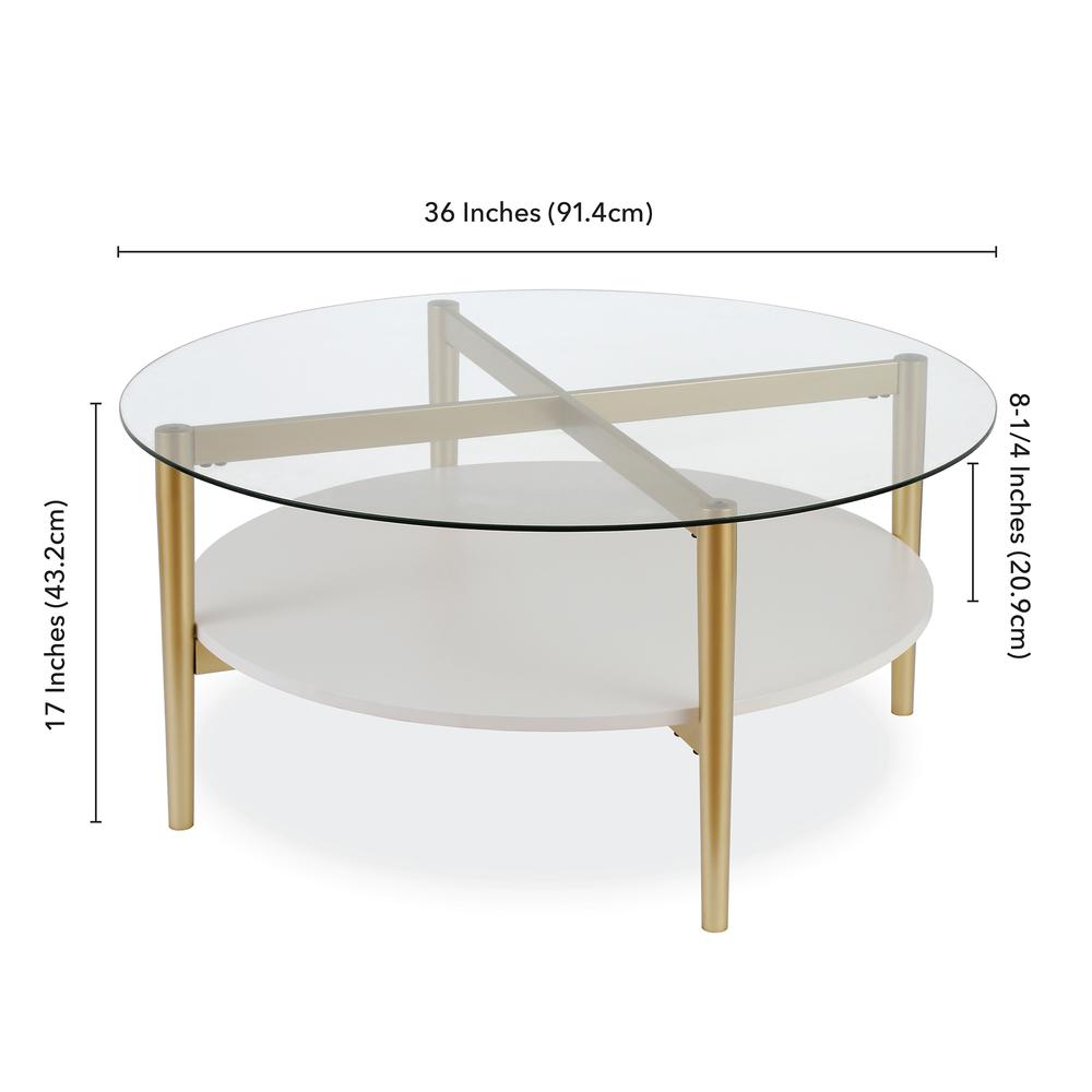 Otto 36'' Wide Round Coffee Table with MDF Shelf in Brass/White Lacquer. Picture 5