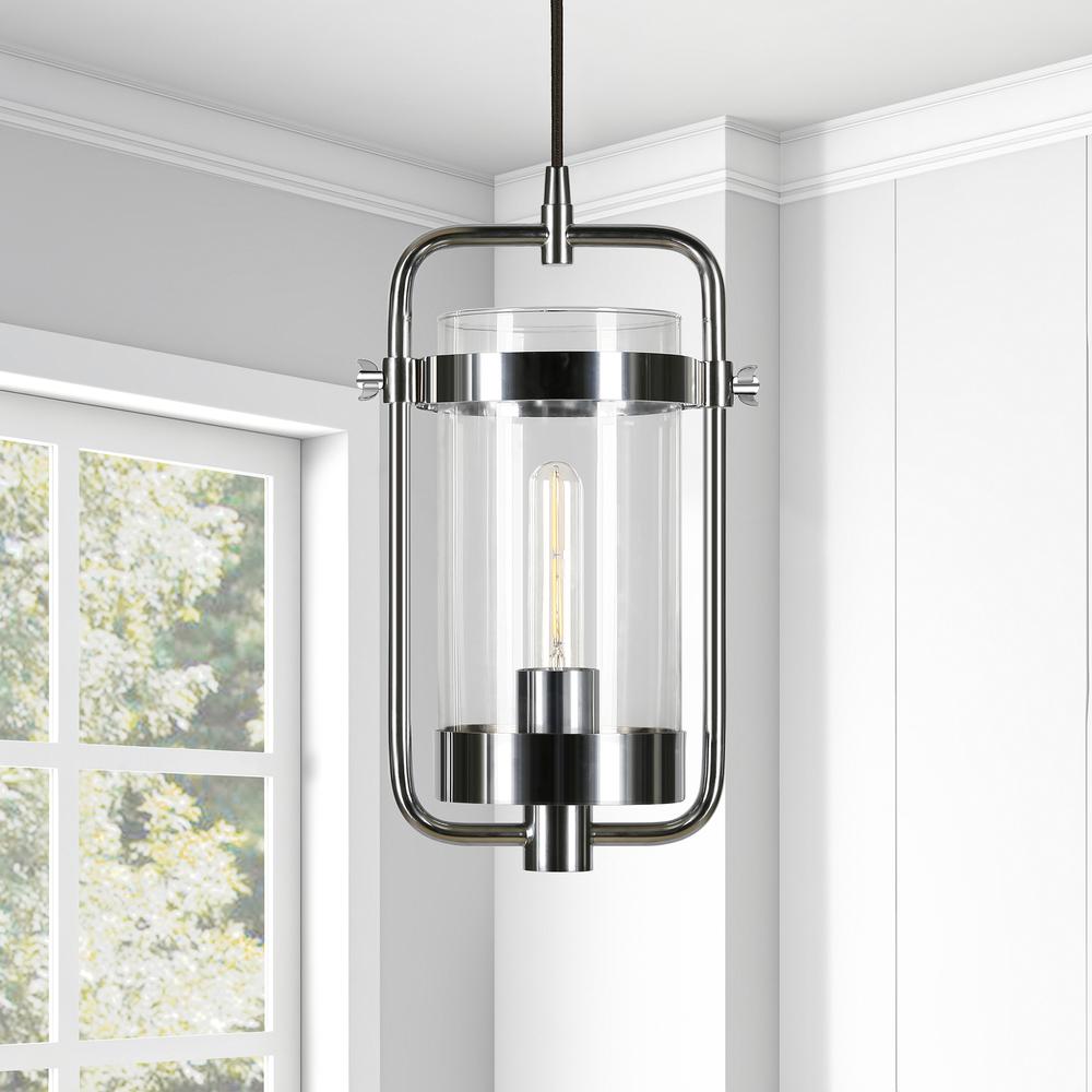 Orion 11" Wide Industrial Pendant with Glass Shade in Polished Nickel/Clear. Picture 4