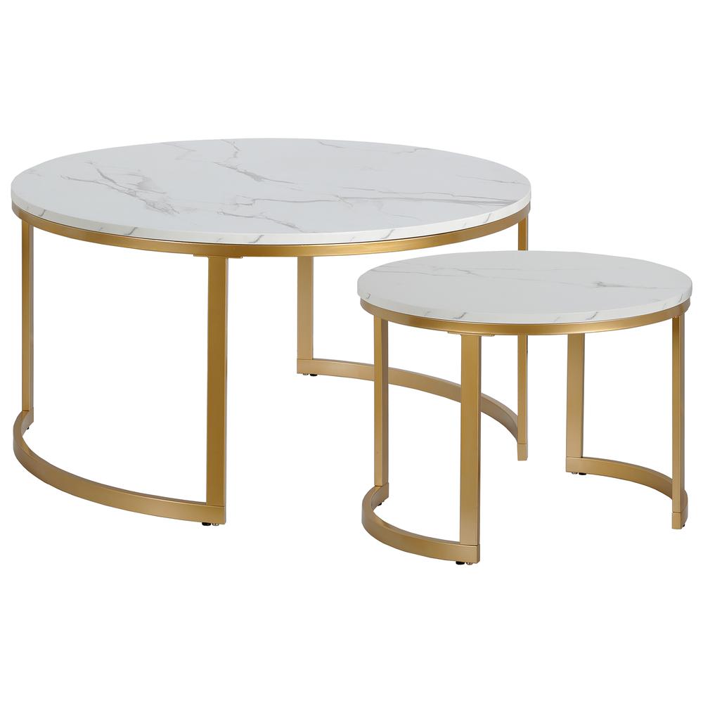 Mitera Round Nested Coffee Table with Faux Marble Top in Brass/Faux Marble. Picture 1