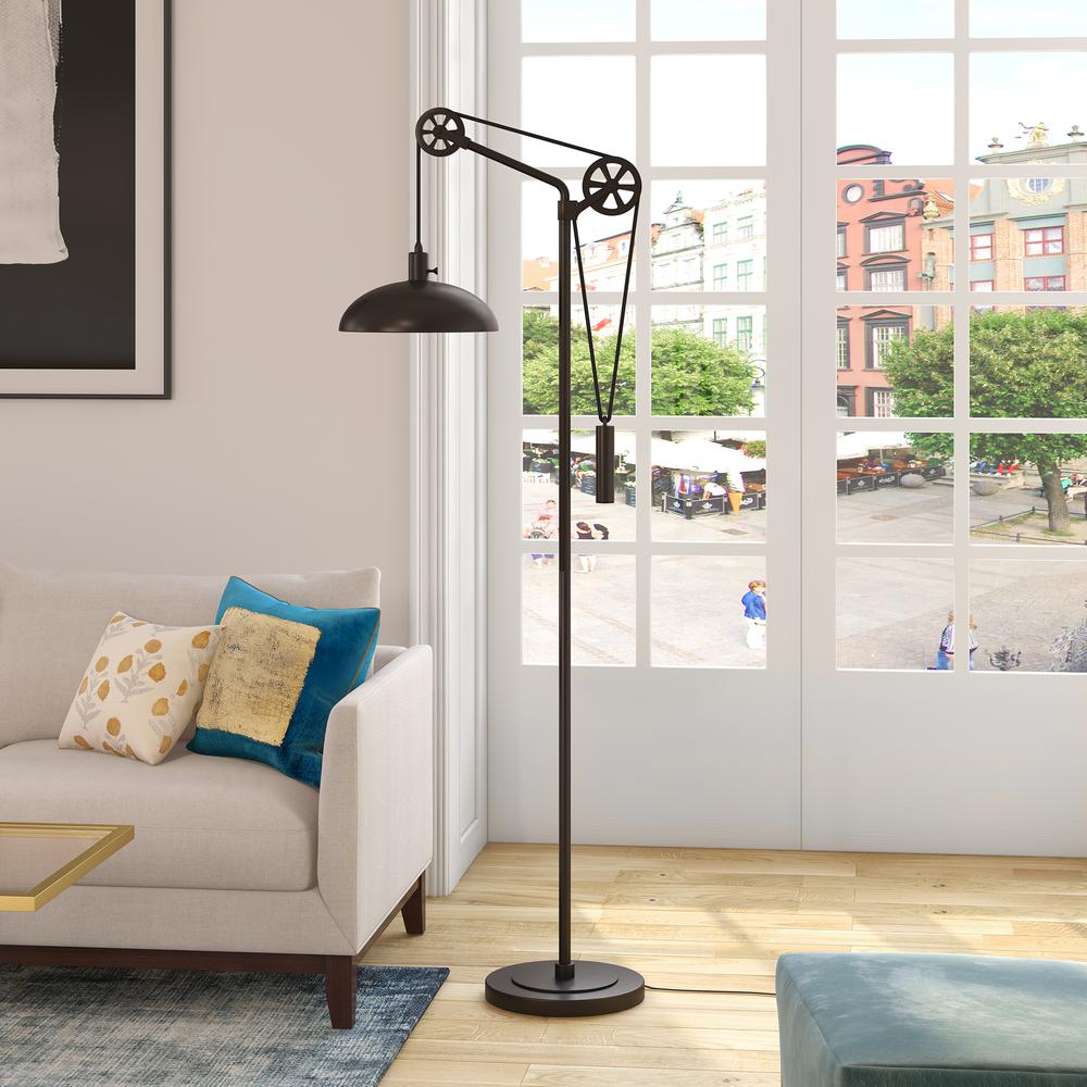 Neo Spoke Wheel Pulley System Floor Lamp with Metal Shade in Blackened Bronze/Blackened Bronze. Picture 2