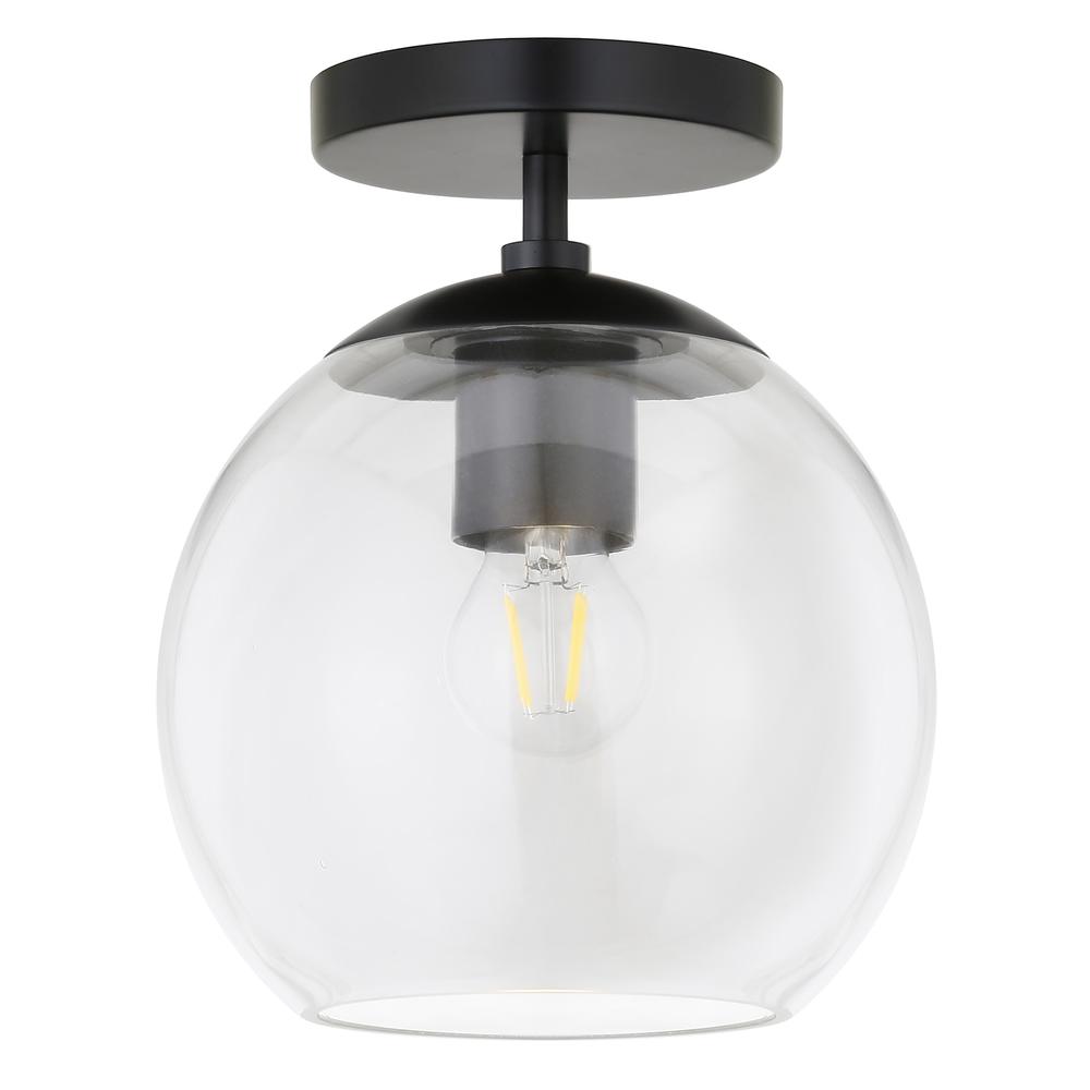 Bartlett 9" Wide Semi Flush Mount with Glass Shade in Matte Black/Clear. Picture 1