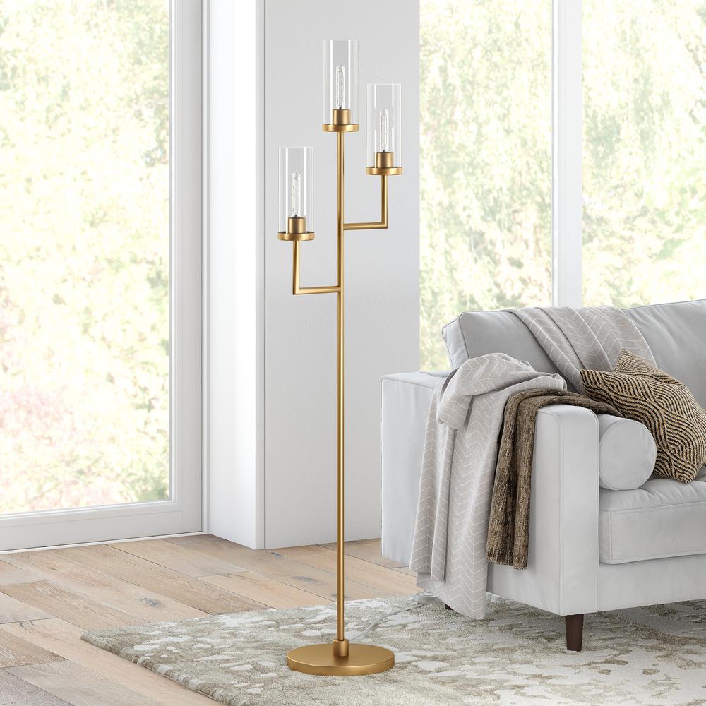 Basso 3-Light Torchiere Floor Lamp with Glass Shade in Brass/Clear. Picture 2