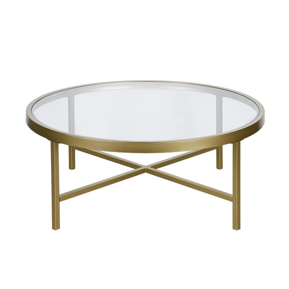 Xivil 36'' Wide Round Coffee Table with Glass Top in Brass. Picture 1