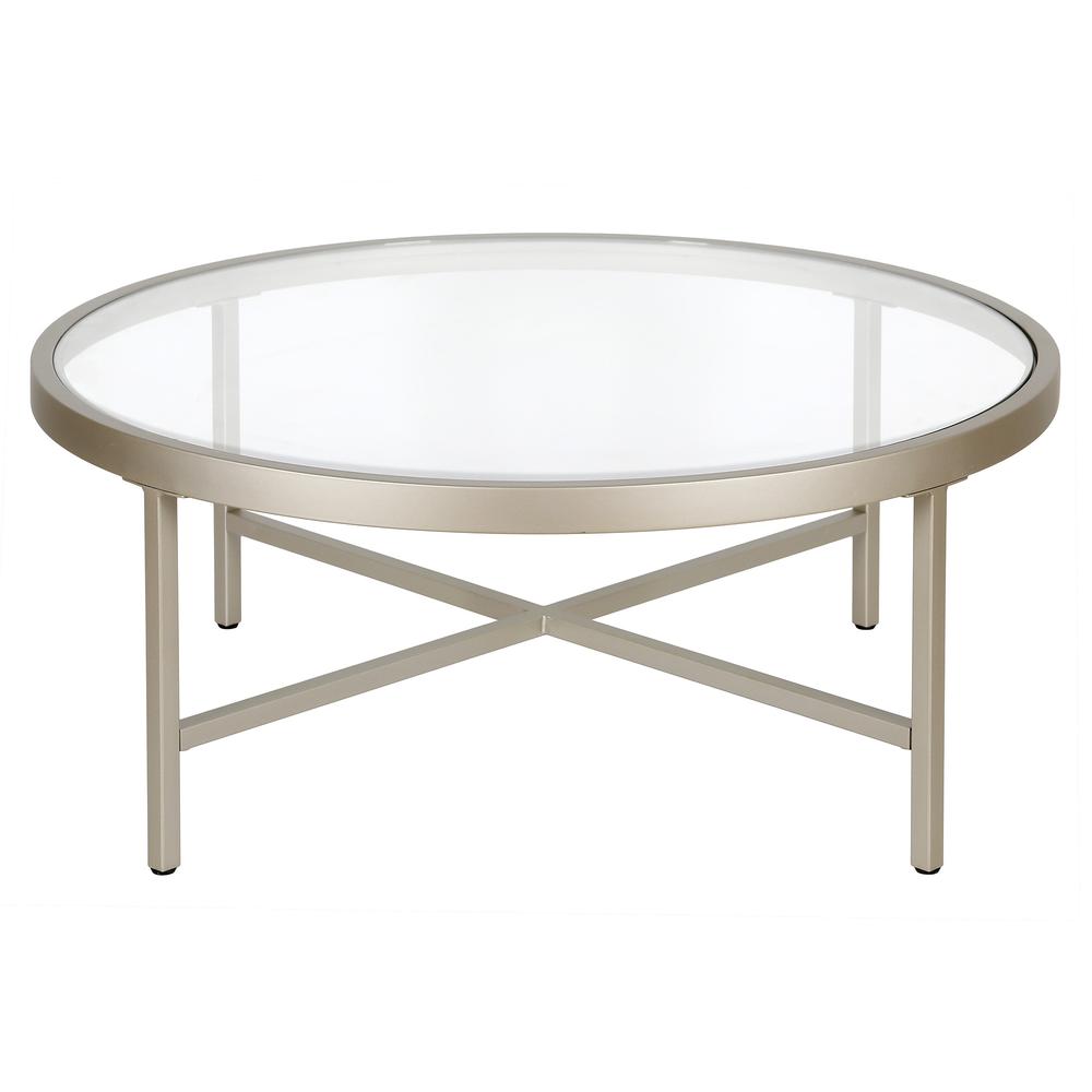 Xivil 36'' Wide Round Coffee Table with Glass Top in Satin Nickel. Picture 3