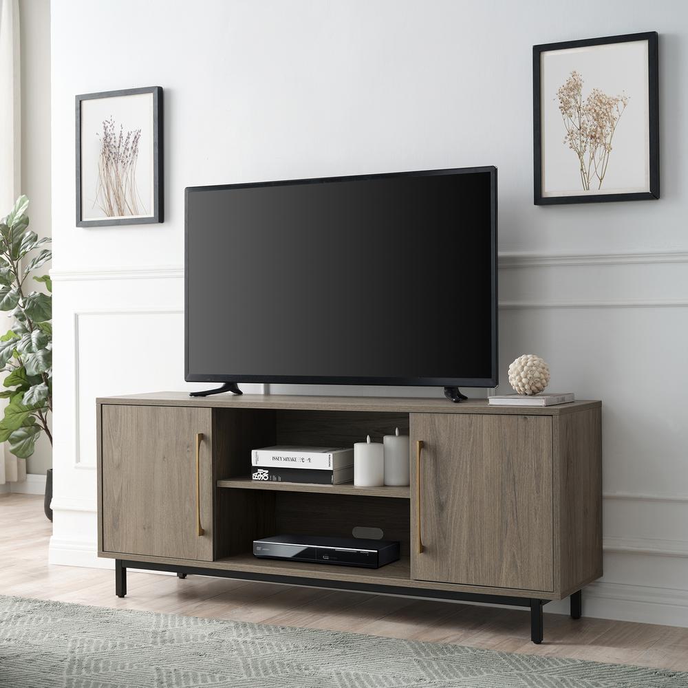 Julian Rectangular TV Stand for TV's up to 65" in Antiqued Gray Oak. Picture 2