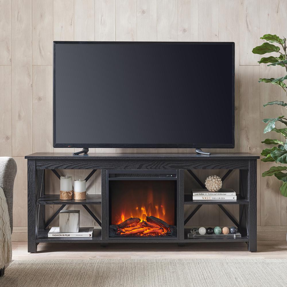 Sawyer Rectangular TV Stand with Log Fireplace for TV's up to 65" in Black. Picture 4