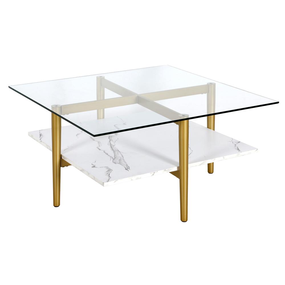 Otto 32" Wide Square Coffee Table with Faux Marble Shelf in Brass. Picture 1