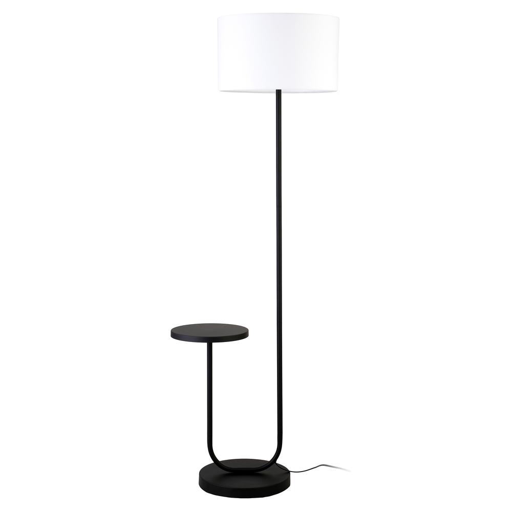 Jacinta Tray Table Floor Lamp with Fabric Shade in Blackened Bronze/White. Picture 1