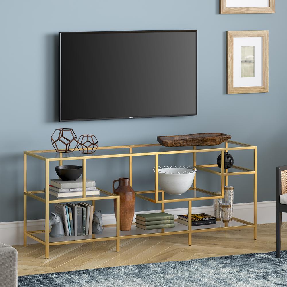 Deveraux Rectangular TV Stand with Glass Shelves for TV's up to 65" in Brass. Picture 2