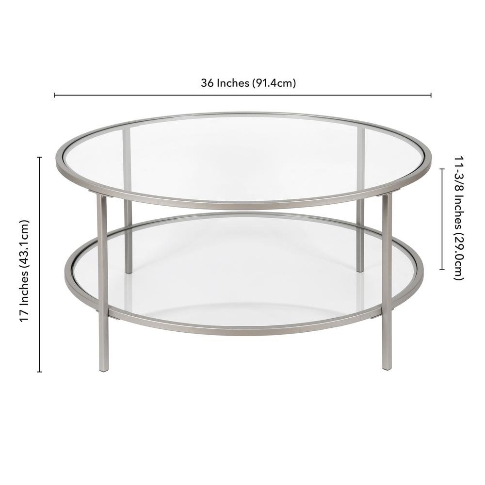 Sivil 36'' Wide Round Coffee Table with Glass Top in Nickel. Picture 5