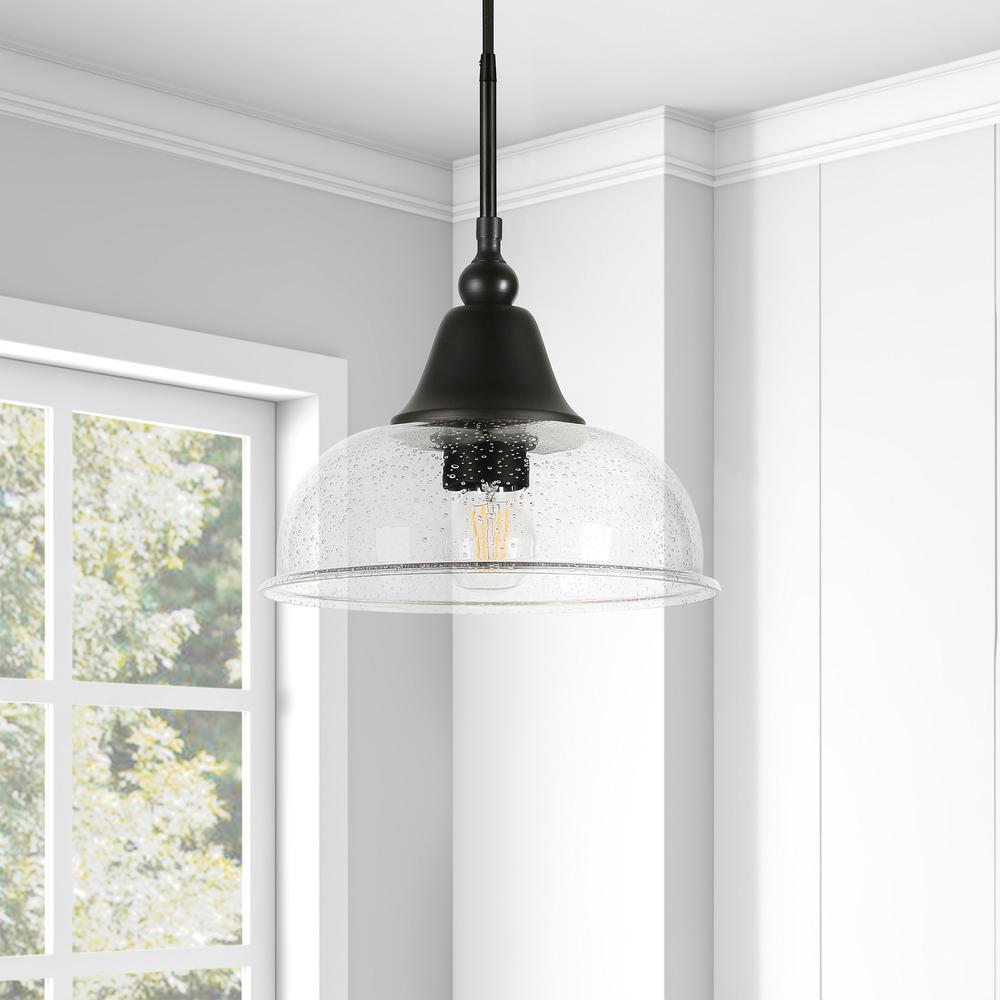Magnolia 10.75" Wide Pendant with Glass Shade in Blackened Bronze/Seeded. Picture 2