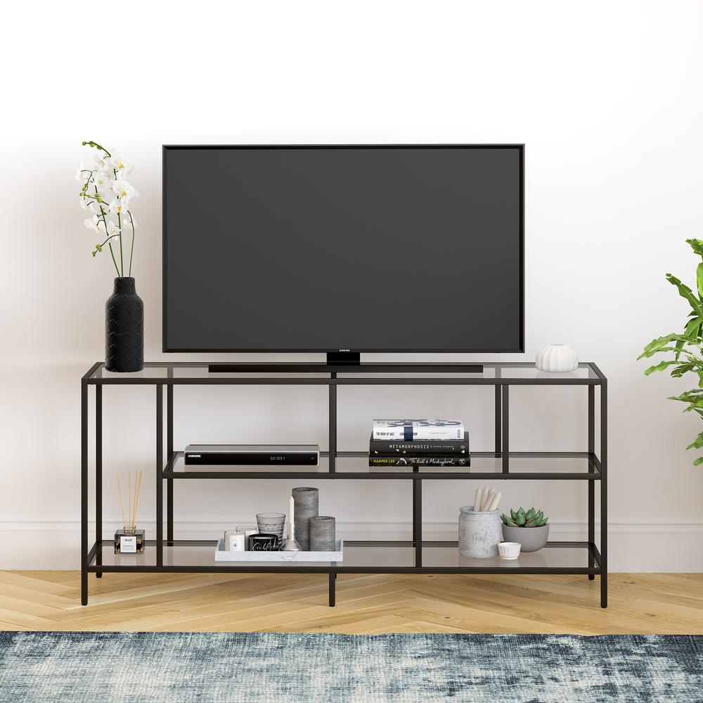 Winthrop Rectangular TV Stand with Glass Shelves for TV's up to 60" in Blackened Bronze. Picture 4