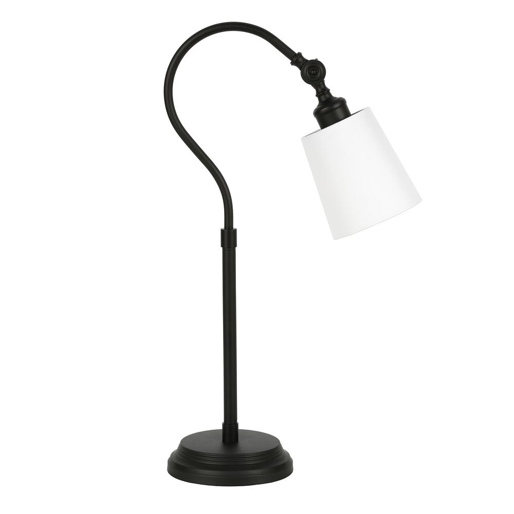 Harland 25" Tall Arc Table Lamp with Fabric Shade in Blackened Bronze/White. Picture 1