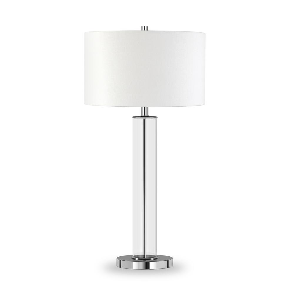 Harlow 29" Tall Table Lamp with Fabric Shade in Clear Glass/Polished Nickel/White. Picture 1