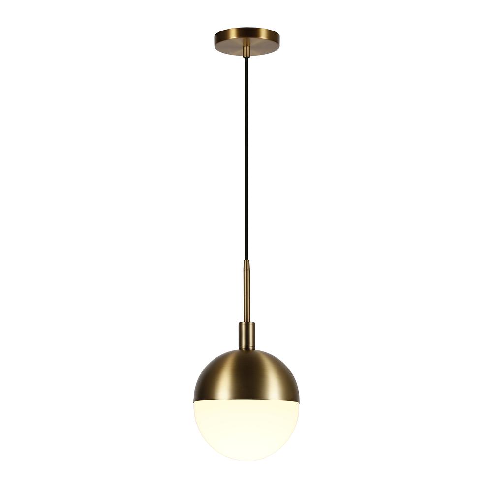Orb 8" Wide Small Pendant with Glass Shade in Brass/White Milk. Picture 3