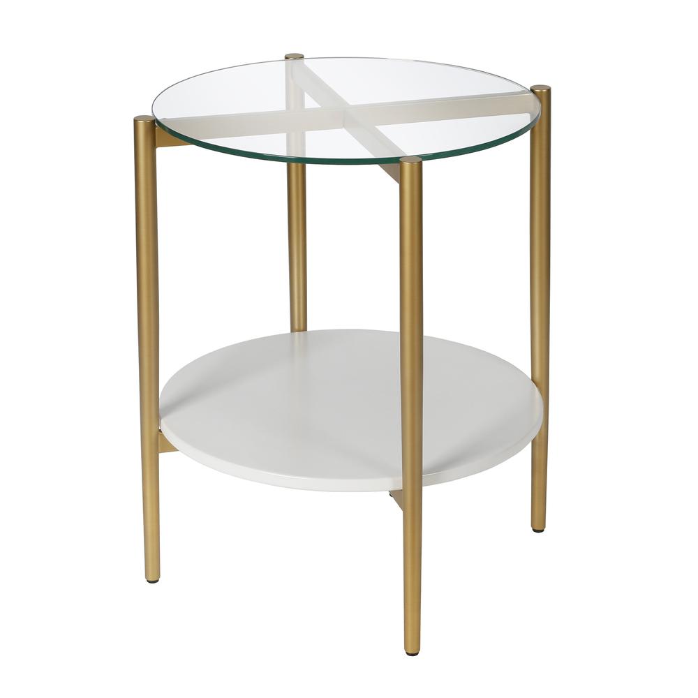 Otto 20'' Wide Round Side Table with MDF Shelf in Brass and White Lacquer. Picture 3