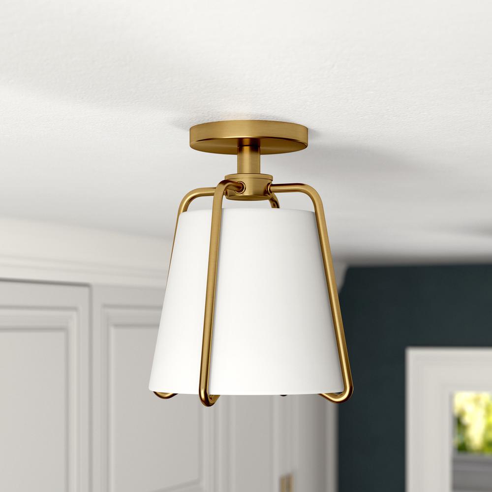 Marduk 9.5" Semi Flush Mount with Fabric Shade in Brushed Brass/White. Picture 2