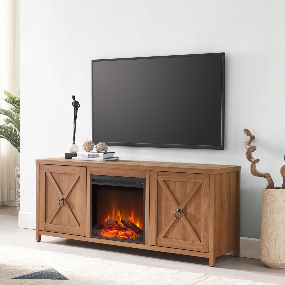 Granger Rectangular TV Stand with Log Fireplace for TV's up to 65" in Golden Oak. Picture 2