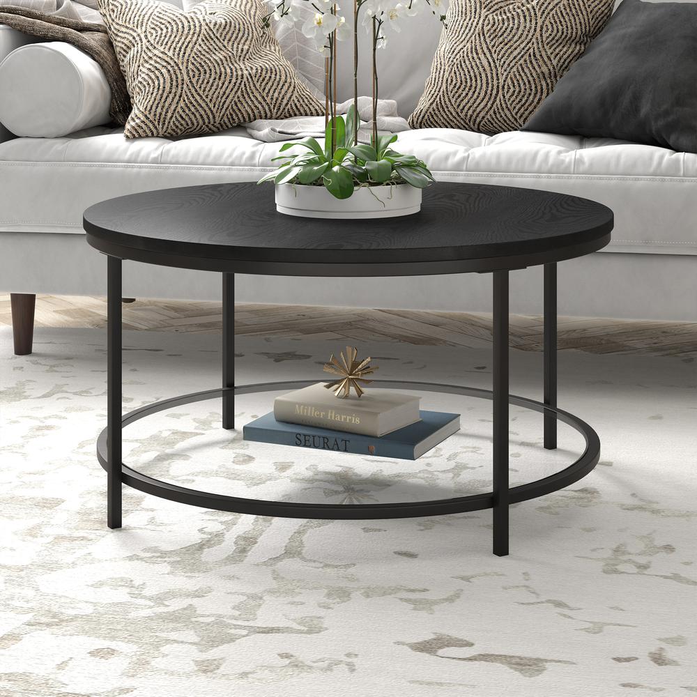 Sevilla 32'' Wide Round Coffee Table with MDF Top and Glass Shelf. Picture 4
