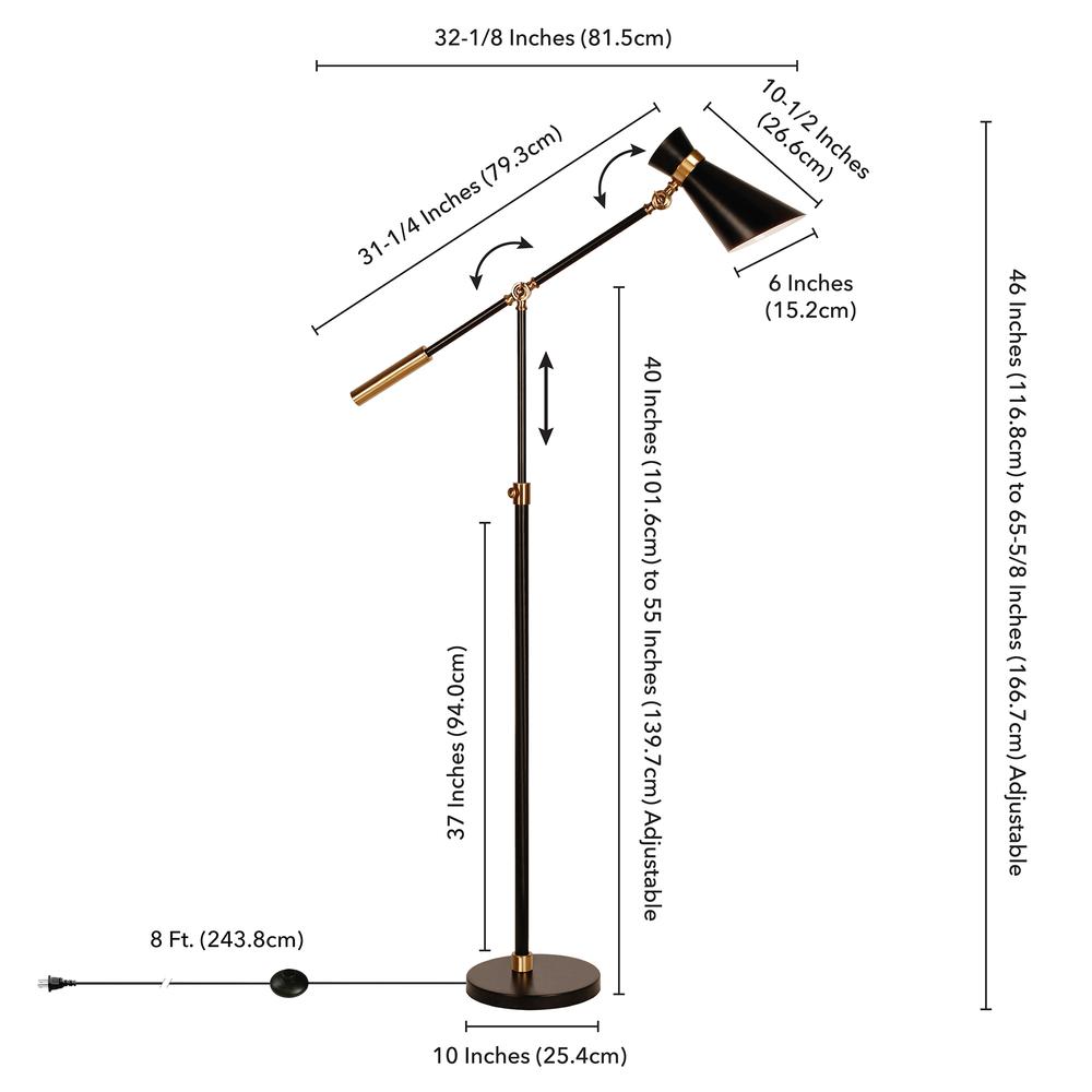 Rex Two-Tone/Height-Adjustable Floor Lamp with Metal Shade in Black/Brass/Black. Picture 5