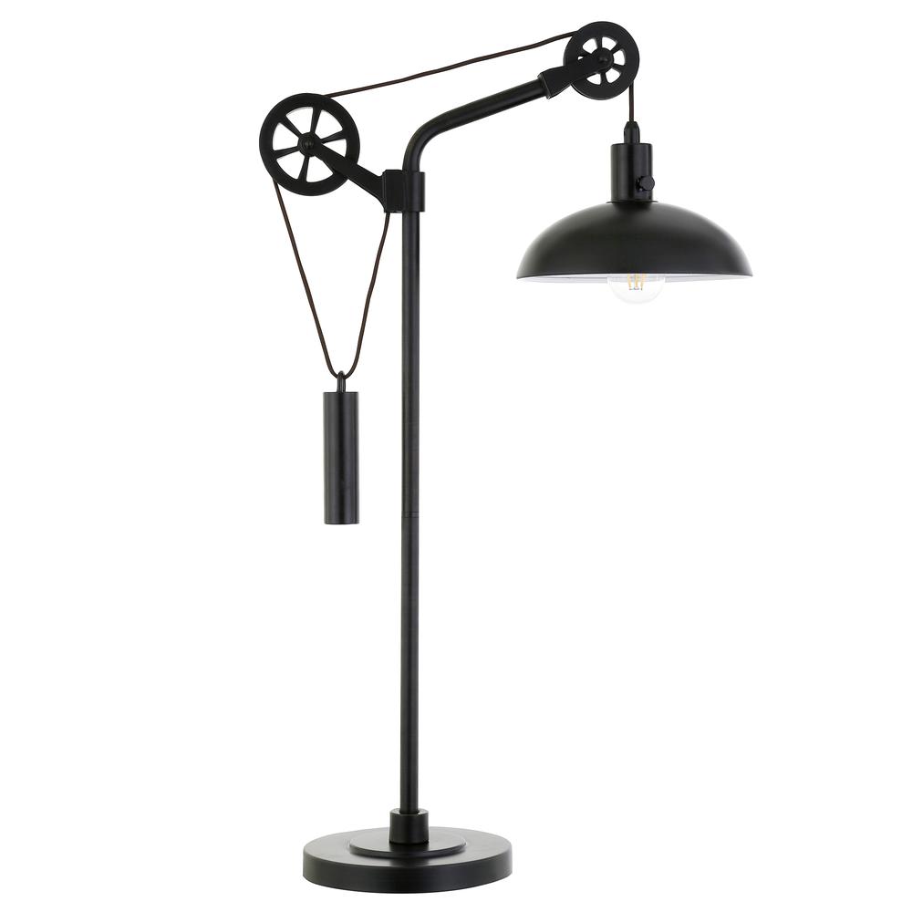 Neo 33.5" Tall Spoke Wheel Pulley System Table Lamp with Metal Shade in Blackened Bronze/Blackened Bronze. Picture 1