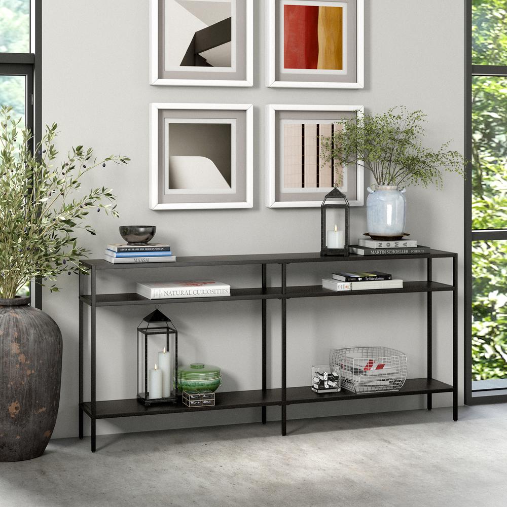 Sivil 64'' Wide Rectangular Console Table with Metal Shelves in Blackened Bronze. Picture 4