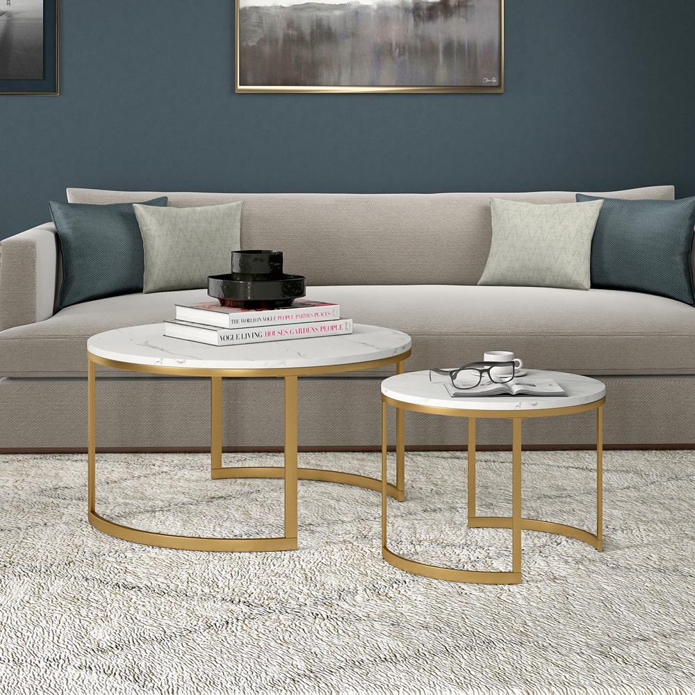 Mitera Round Nested Coffee Table with Faux Marble Top in Brass/Faux Marble. Picture 2