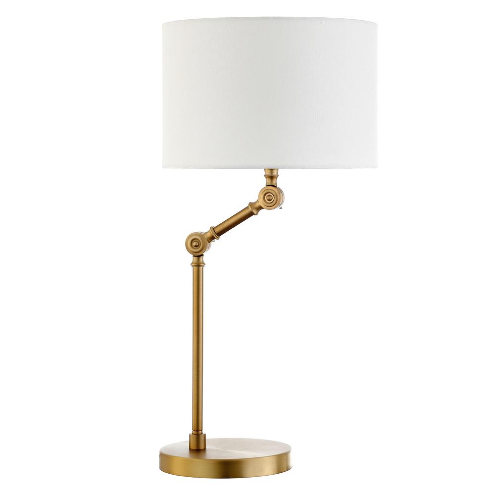 Lucas Height-Adjustable Table Lamp with Fabric Shade in Brushed Brass/White. Picture 1