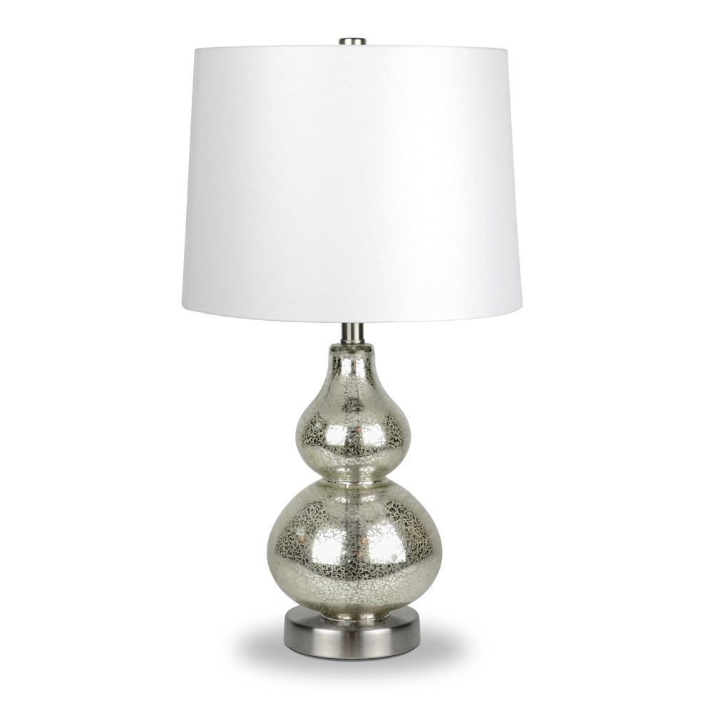 Katrina 21.25" Tall Petite Table Lamp with Fabric Shade in Mercury Glass/Satin Nickel/White. Picture 1