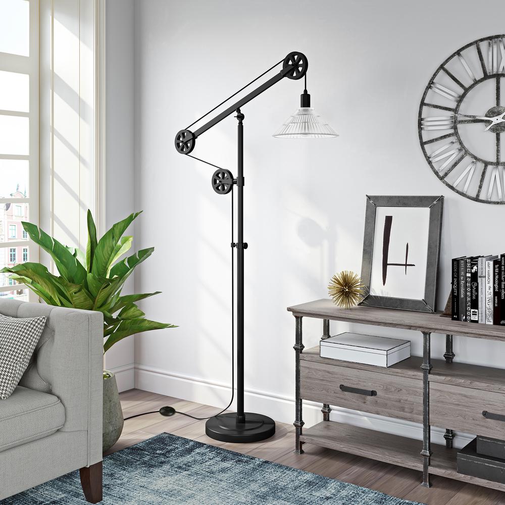 Descartes Pulley System Floor Lamp with Ribbed Glass Shade in Blackened Bronze/Clear. Picture 2