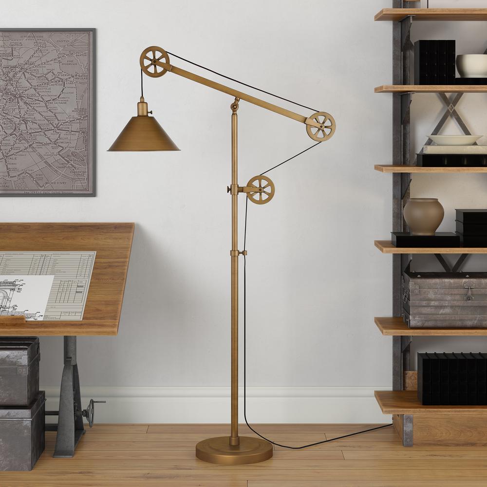 Descartes Pulley System Floor Lamp with Metal Shade in Antique Brass/Antique Brass. Picture 2